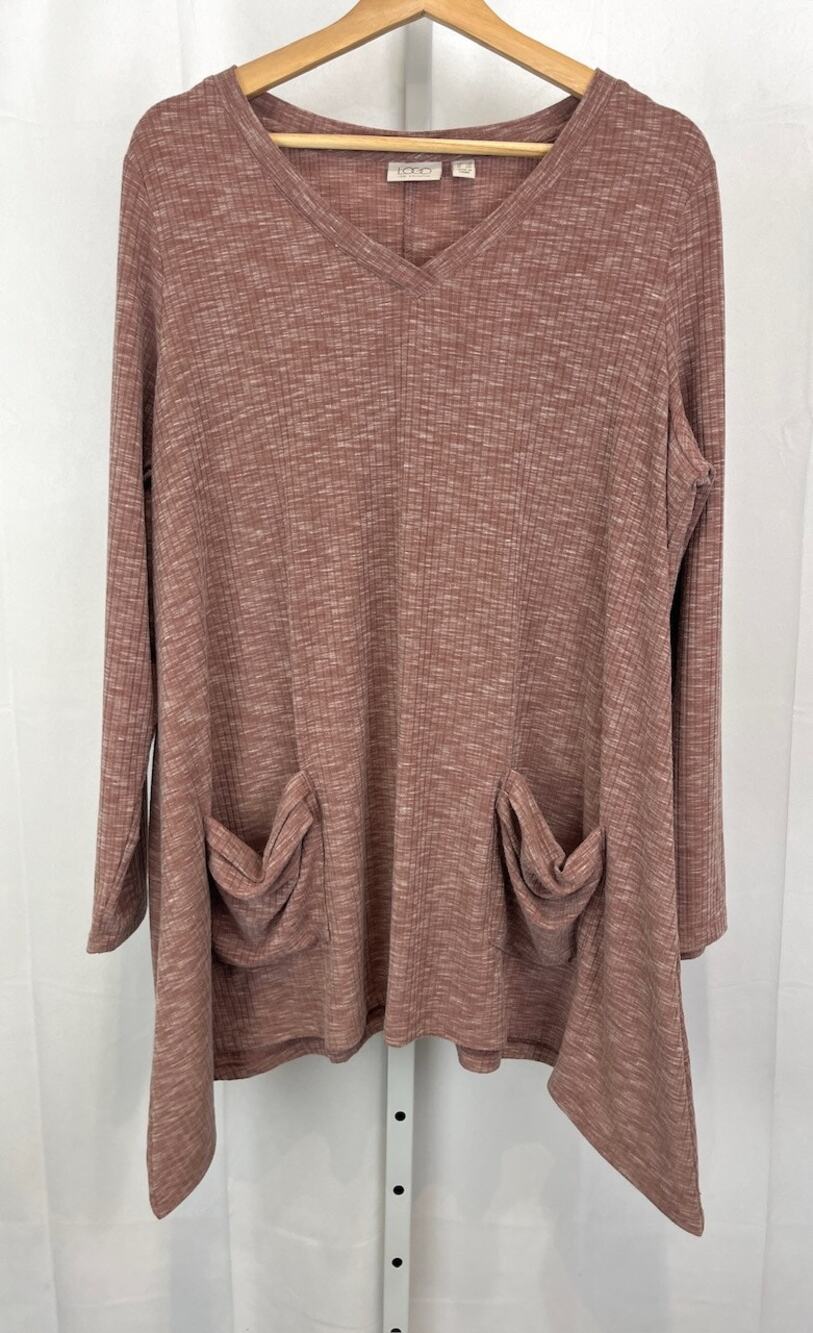 LOGO Lori Goldstein Ribbed Knit Tunic Top Pockets Long Sleeve Mauve Pink 1X Plus